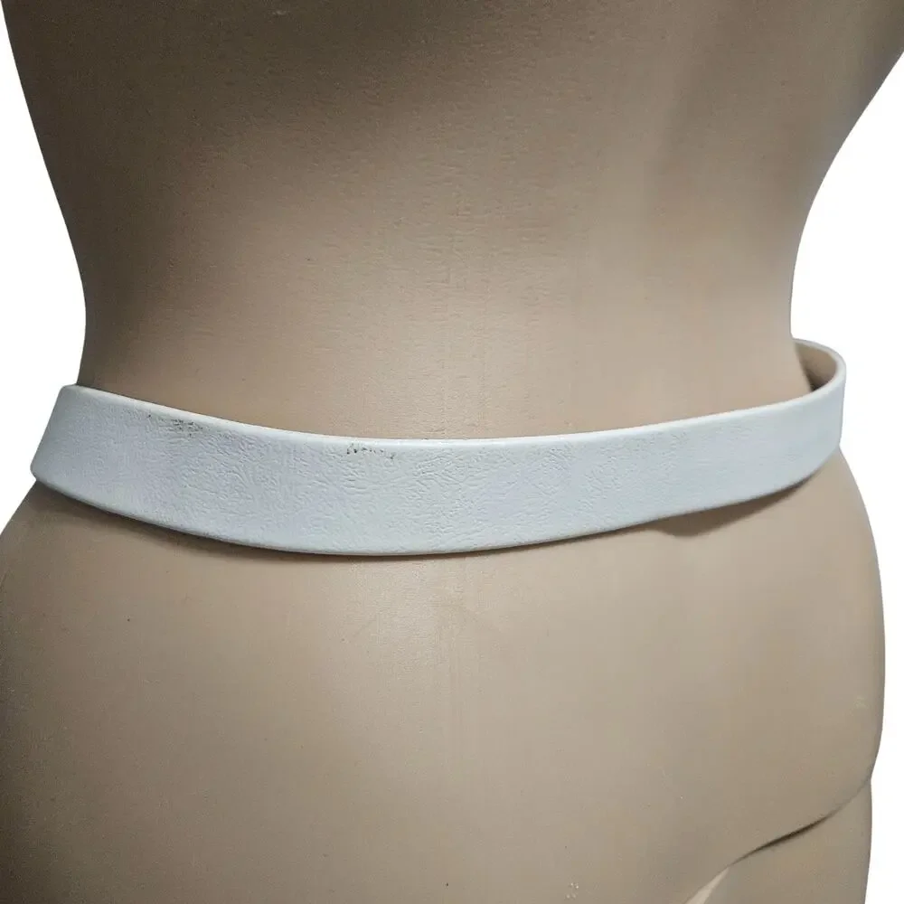 70s White Vinyl Cinching Belt Blue Yellow Accent Gold Side Ring Military Buckles